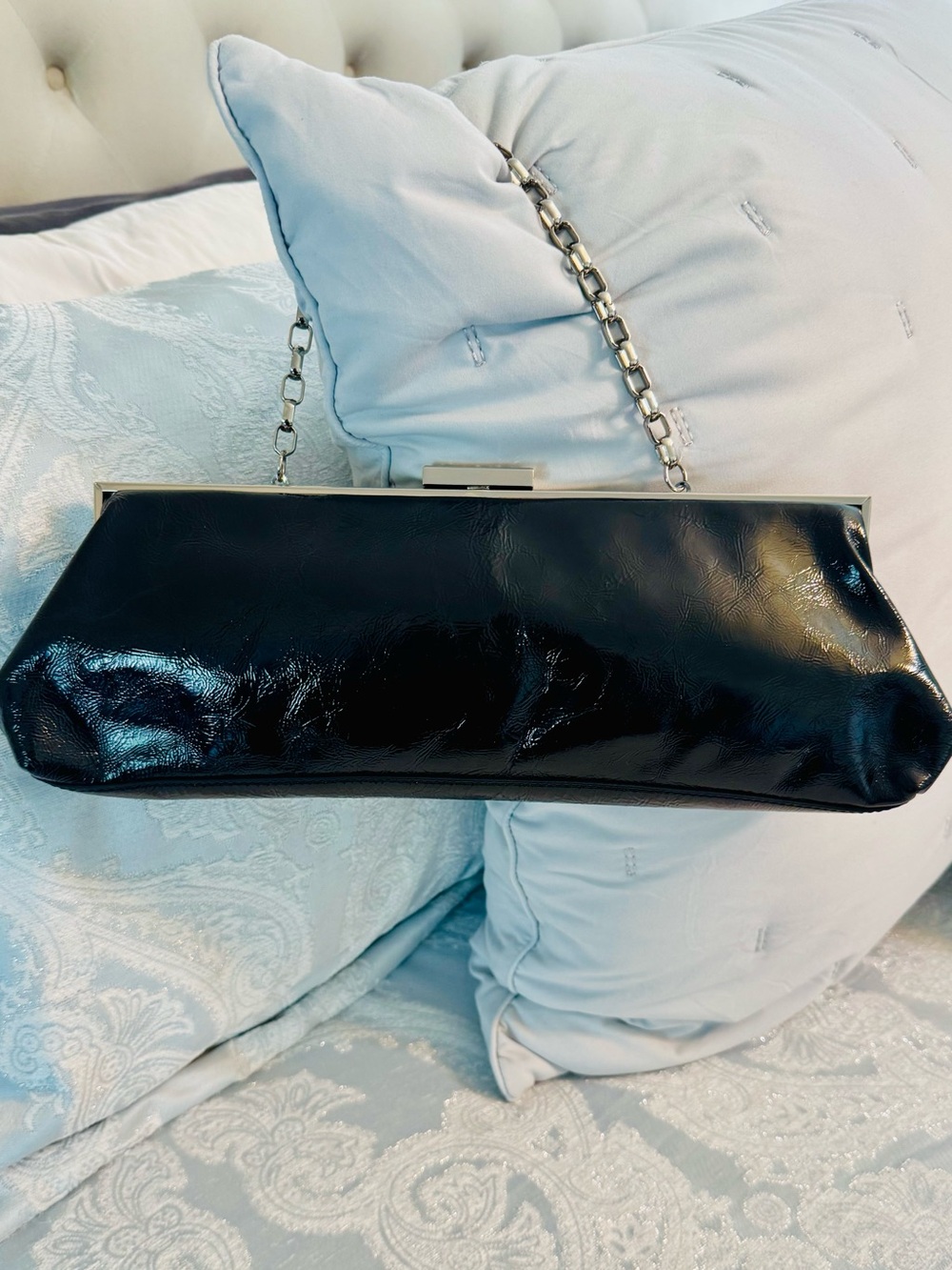 Hype Black Patent Clutch with Chain Strap and Diamond Clasp Detail